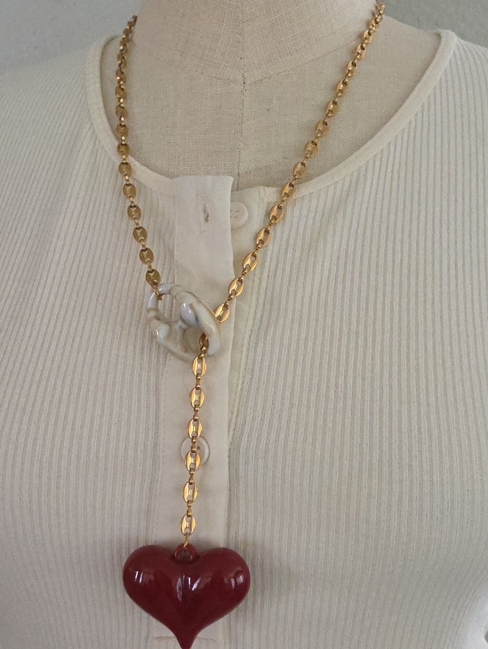 Gold-Tone Chain Necklace with Red Heart Pendant